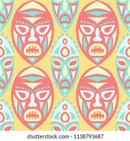 Seamless Pattern. African Seamless Pattern with Color Masks for Textile or Paper. Ethnic Seamless Background with Color Trible Ritual Masks for your Design. Vector Texture.
