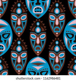 Seamless Pattern. African Seamless Pattern with Color Masks for Card or Poster. Ethnic Seamless Background with Color Trible Ritual Masks for your Design. Vector Texture.