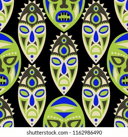 Seamless Pattern. African Seamless Pattern with Color Masks for Poster or Banner. Ethnic Seamless Pattern with Color Trible Shamanic Masks for your Design. Vector Texture.