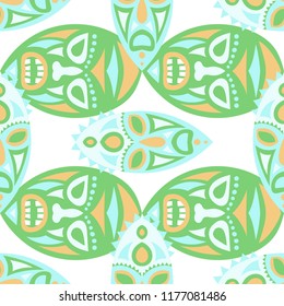 Seamless Pattern. African Seamless Pattern with Color Masks for Textile or Paper. Ethnic Seamless Pattern with Color Trible Shamanic Masks for your Design. Vector Texture.