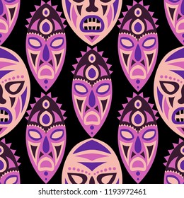 Seamless Pattern. African Seamless Pattern with Color Masks for Textile or Paper. Ethnic Seamless Pattern with Color Trible Shamanic Masks for your Design. Vector Texture.