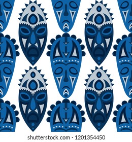Seamless Pattern. African Seamless Pattern with Color Masks for Poster or Banner. Ethnic Seamless Background with Color Trible Ritual Masks for your Design. Vector Texture.