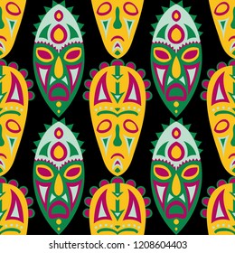 Seamless Pattern. African Seamless Pattern with Color Masks for Textile or Paper. Ethnic Seamless Pattern with Color Trible Shamanic Masks for your Design. Vector Texture.