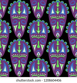 Seamless Pattern. African Seamless Pattern with Color Masks for Card or Poster. Ethnic Seamless Pattern with Color Trible Shamanic Masks for your Design. Vector Texture.