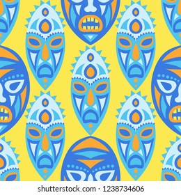 Seamless Pattern. African Seamless Pattern with Color Masks for Card or Poster. Ethnic Seamless Background with Color Trible Ritual Masks for your Design. Vector Texture.