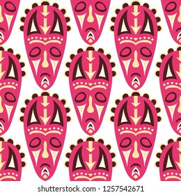 Seamless Pattern. African Seamless Pattern with Color Masks for Poster or Banner. Ethnic Seamless Pattern with Color Trible Shamanic Masks for your Design. Vector Texture.