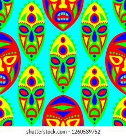 Seamless Pattern. African Seamless Pattern with Color Masks for Print or Card. Ethnic Seamless Pattern with Color Trible Shamanic Masks for your Design. Vector Texture.