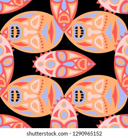 Seamless Pattern. African Seamless Pattern with Color Masks for Poster or Banner. Ethnic Seamless Background with Color Trible Ritual Masks for your Design. Vector Texture.