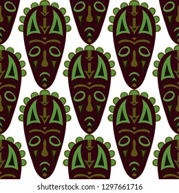 Seamless Pattern. African Seamless Pattern with Color Masks for Textile or Paper. Ethnic Seamless Pattern with Color Trible Shamanic Masks for your Design. Vector Texture.