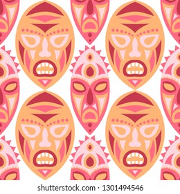 Seamless Pattern. African Seamless Pattern with Color Masks for Poster or Banner. Ethnic Seamless Background with Color Trible Ritual Masks for your Design. Vector Texture.