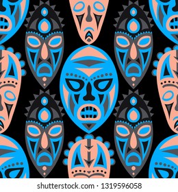 Seamless Pattern. African Seamless Pattern with Color Masks for Textile or Paper. Ethnic Seamless Background with Color Trible Ritual Masks for your Design. Vector Texture.