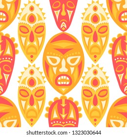 Seamless Pattern. African Seamless Pattern with Color Masks for Print or Card. Ethnic Seamless Pattern with Color Trible Shamanic Masks for your Design. Vector Texture.