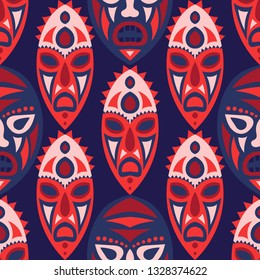 Seamless Pattern. African Seamless Pattern with Color Masks for Textile or Paper. Ethnic Seamless Pattern with Color Trible Shamanic Masks for your Design. Vector Texture.
