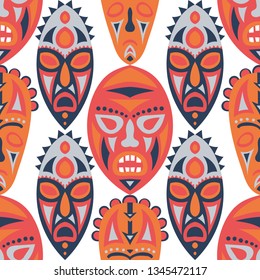 Seamless Pattern. African Seamless Pattern with Color Masks for Print or Card. Ethnic Seamless Background with Color Trible Ritual Masks for your Design. Vector Texture.