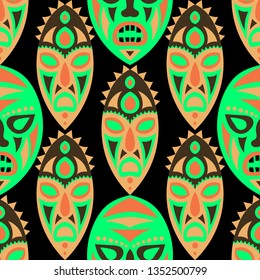 Seamless Pattern. African Seamless Pattern with Color Masks for Poster or Banner. Ethnic Seamless Background with Color Trible Ritual Masks for your Design. Vector Texture.