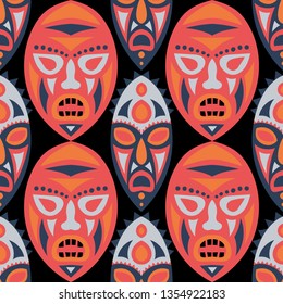 Seamless Pattern. African Seamless Pattern with Color Masks for Print or Card. Ethnic Seamless Pattern with Color Trible Shamanic Masks for your Design. Vector Texture.