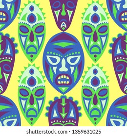 Seamless Pattern. African Seamless Pattern with Color Masks for Textile or Paper. Ethnic Seamless Background with Color Trible Ritual Masks for your Design. Vector Texture.