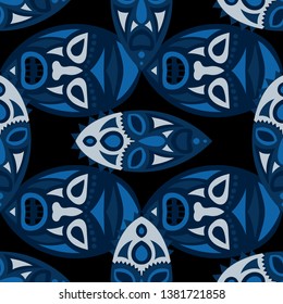 Seamless Pattern. African Seamless Pattern with Color Masks for Poster or Banner. Ethnic Seamless Pattern with Color Trible Shamanic Masks for your Design. Vector Texture.