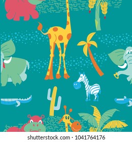 Seamless pattern with African cute cartoon animals and African plants. Giraffes, elephants, hippos, palm trees. Vector illustration.