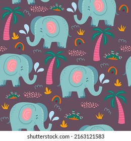 seamless pattern with African elephants and plants in a childish cartoon style. vector illustration. for children's textiles and decoration