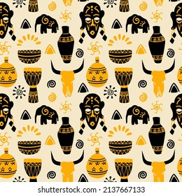 Seamless pattern with African ethnic elements of shamanism