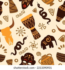 Seamless pattern with African ethnic elements of shamanism