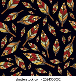 Patrón sin foco de plumas étnicas africanas. Ornamentos nacionales. Ilustración vectorial plana. Rituales e iniciaciones. Misticismo y magia. Artículos para la ceremonia. Una plantilla para un tejido u otro diseño