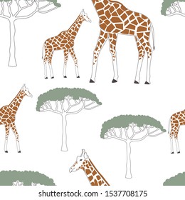 Seamless pattern with African giraffe and acacia trees. Vector illustration for printing on fabric, postcard, wrapping paper, book, picture, Wallpaper. Cute baby background.