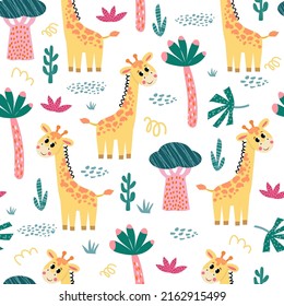 seamless pattern with African giraffe and plants in a childish cartoon style. vector illustration. for children's textiles and decoration