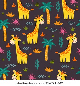 seamless pattern with African giraffe and plants in a childish cartoon style. vector illustration. for children's textiles and decoration