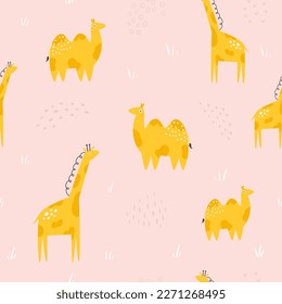 Seamless pattern with african giraffes and camels. Illustrations in a modern style for prints, clothing, packaging and postcards.