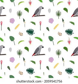 Seamless pattern with african grey parrot Jaco, tropical leaves, flowers and egg. Cute baby print for fabric and textile.
