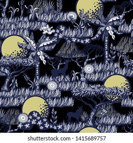 Seamless pattern with African landscape, palm and animals. Trendy graphic print