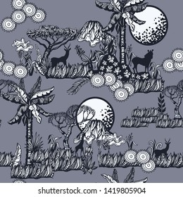 Seamless pattern with African landscape, palm and animals. Trendy graphic print.