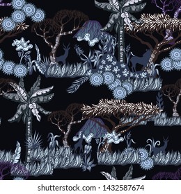 Seamless pattern with African landscapes and animals. Vector for textile design.  