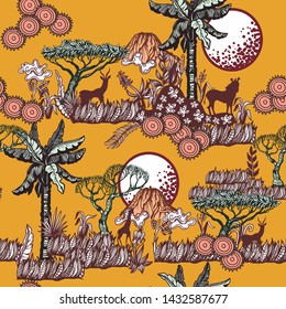 Seamless pattern with African landscapes and animals. Vector for textile design.  