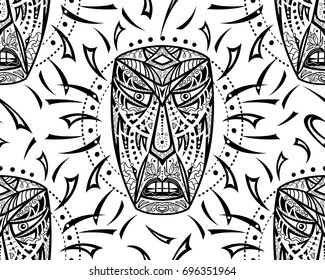 Seamless pattern with African masks. Hand drawn design for fashion, textile, fabric, wrapping paper, tiles, website wallpaper, background. Spirituality, occultism, mystic, religion, shamanism.