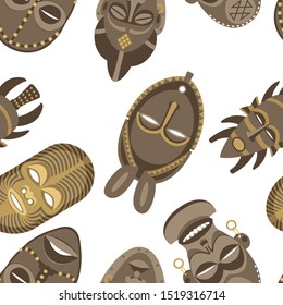 Seamless pattern with African masks on white background.