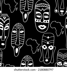 Seamless pattern with African masks. Print for textile, wallpaper, covers, surface. Retro stylization. For fashion fabric. Tribal pattern