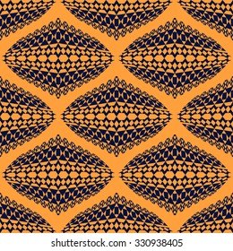 Seamless pattern. African motifs. 3D effect. Geometric background. Bright orange color. Black patterns. Ethnic style. Vector Illustration.