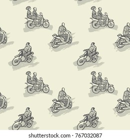 Seamless pattern with African motorcycles and drivers in traditional clothes. Vector image in a cartoon style.