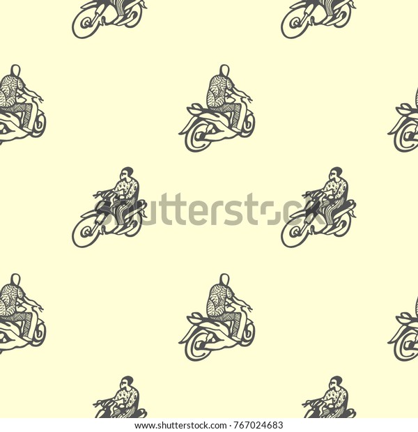 Seamless\
pattern with African motorcycles and drivers in traditional\
clothes. Vector image in a cartoon\
style.