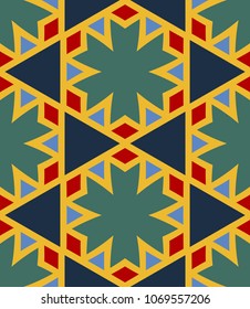 Seamless pattern african ornament. Floral textile print. Islamic vector design. Oriental background with abstract flowers. Hexagonal trefoil swatch. Stained glass vitrage.