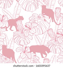 Seamless pattern with African 
panther animal. Creative tropical texture for fabric, wrapping, textile, wallpaper, apparel. Vector illustration background in pink.