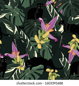 Seamless pattern with African 
panther animal, leaves and flowers. Creative tropical texture for fabric, wrapping, textile, wallpaper, apparel. Vector illustration background.
