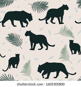 Seamless pattern with African 
panther animal. Creative tropical texture for fabric, wrapping, textile, wallpaper, apparel. Vector illustration background in beige, green and black.