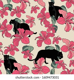 Seamless pattern with African 
panther animal and pink hibiscus flowers. Creative tropical texture for fabric, wrapping, textile, wallpaper, apparel. Vector illustration background.