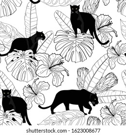 Seamless pattern with African 
panther animal. Creative tropical texture for fabric, wrapping, textile, wallpaper, apparel. Vector illustration black white background.