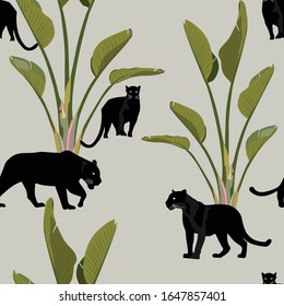 Seamless pattern with African 
panther animal and banana palm tree. Creative tropical texture for fabric, wrapping, textile, wallpaper, apparel. Vector vintage illustration background.