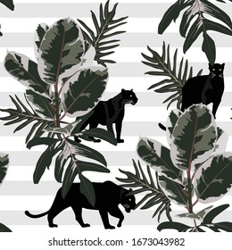 Seamless pattern with African 
panther animal, leaves and ficus tree. Creative tropical texture for fabric, wrapping, textile, wallpaper, apparel. Vintage illustration, stripped background.